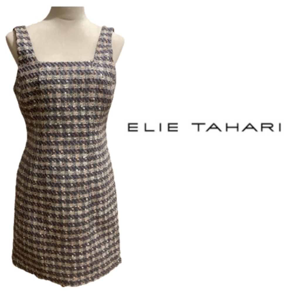 Elie Tahari Pale Blue & Cream Tweed Mini Sheath Dress
